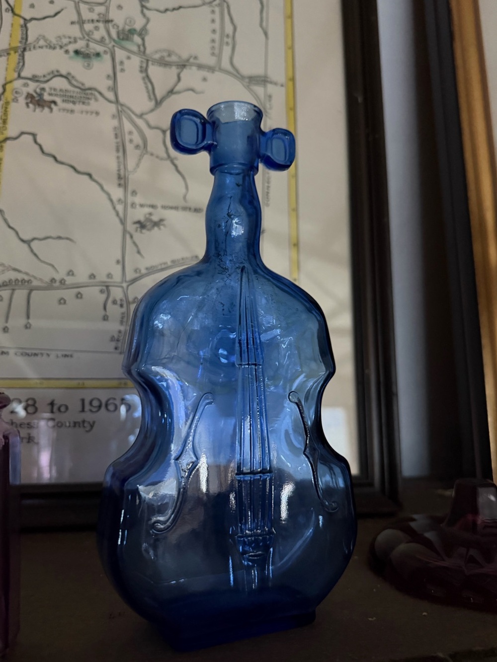 Vintage Blue Glass Violin Decorative Bottle - Home Art Accent